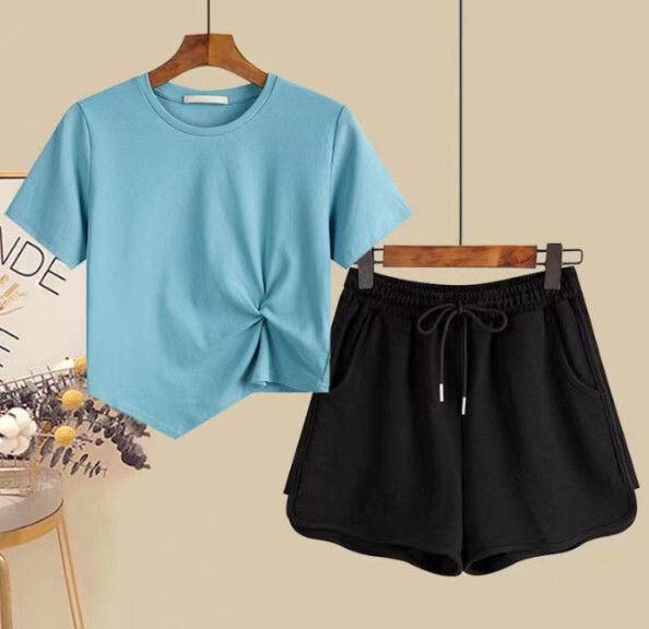 不規則短袖休閒運動套裝【天藍色】 (尺碼：S-2XL碼) (下單後聯繫客服確認發貨尺碼)#F158027181