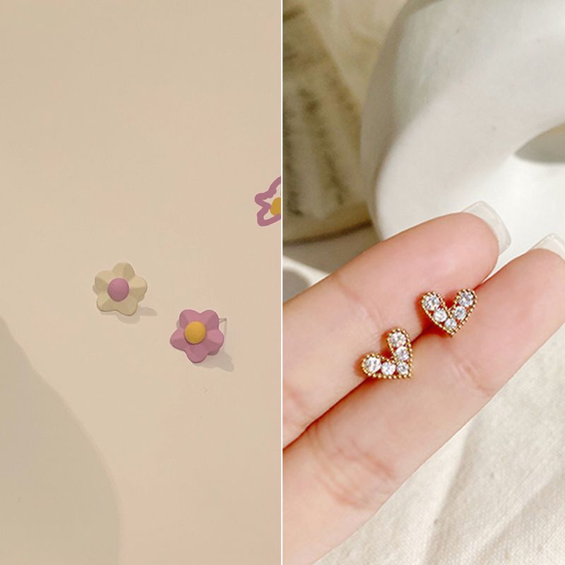 【2對裝】氣質簡約耳環 高級感耳飾(不對稱小花朵+迷你小愛心）#F001104524