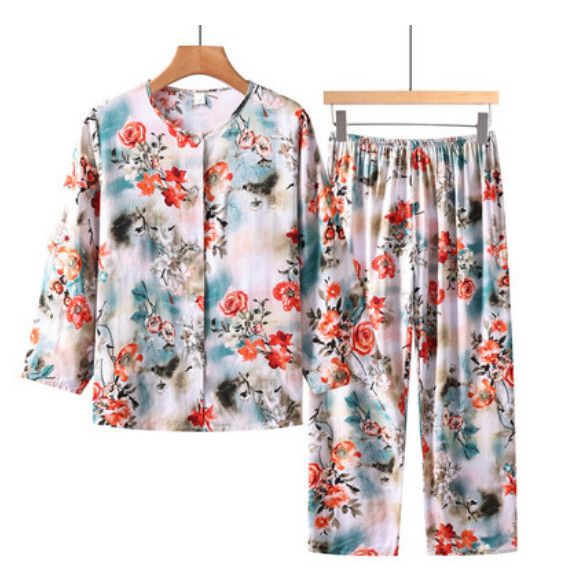 夏季中老年長袖開衫套裝（淺白色玫瑰）【尺碼：XL-5XL】【下單後聯絡客服確認發貨尺碼】F203013098