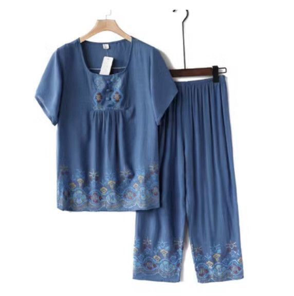 夏季中老年棉麻套裝（A款藍色）【尺碼：XL-4XL】【下單後聯絡客服確認發貨尺碼】F203013011