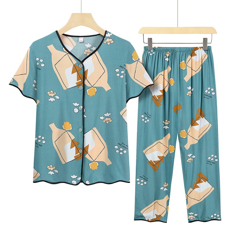 中老年媽媽短袖套裝(XL-4XL碼 淺藍瓶子）【下單後請聯絡客服確認發貨尺碼】F001099351