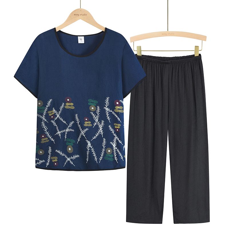 中老年媽媽短袖套裝(XL-4XL碼 藏藍色）【下單後請聯絡客服確認發貨尺碼】F001099426