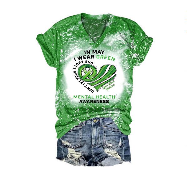 春夏款印花T恤女裝-V領套頭短袖(綠色)(S-XXXL碼)(下單後聯絡客服確認尺碼)