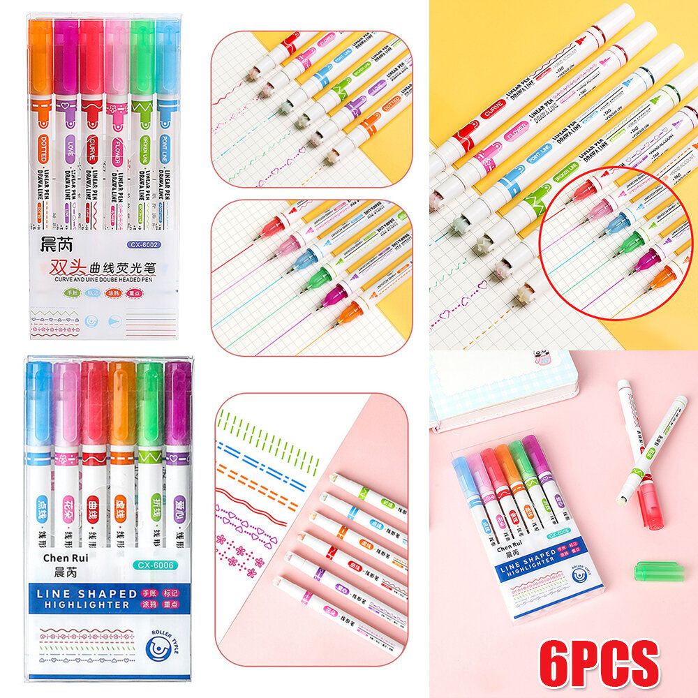 6pcs Curved Highlighter Pen Double-ended Roller pen Contour pen Student hand account linear pen Hook line marker pen