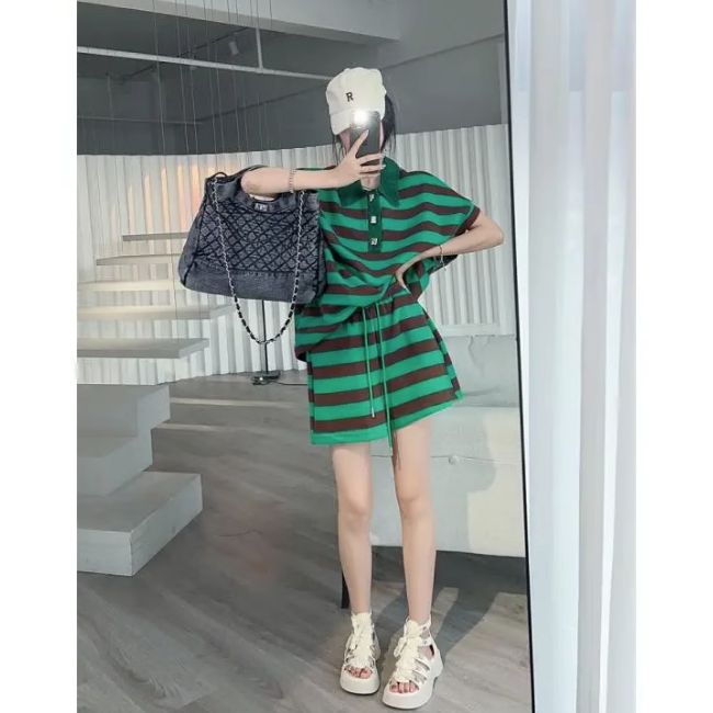 條紋polo衫T恤短褲兩件套（綠條紋L-4XL）（下單後聯絡客服確認發貨尺碼）#F349001181