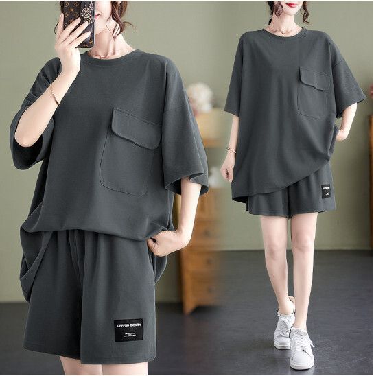 休閒短袖套裝【深灰色】 (尺碼：M-4XL碼) (下單後聯繫客服確認發貨尺碼)#F158027135