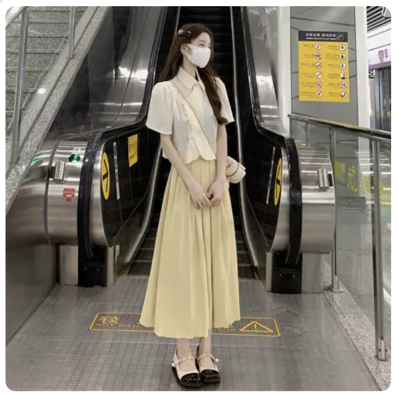 女裝兩件套裝【杏色上衣配黃色裙】(尺碼 S-4XL)(下單後請聯絡客服確認發貨尺碼)#F043048160