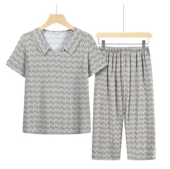 夏季中老年綿綢套裝（藍底貝殼花）【尺碼：XL-4XL】【下單後聯絡客服確認發貨尺碼】F203013320