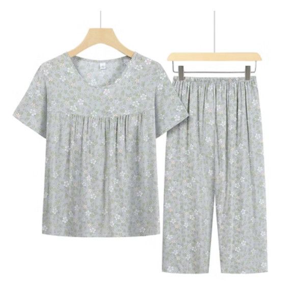 夏季中老年綿綢套裝（淺灰綠葉花朵）【尺碼：XL-4XL】【下單後聯絡客服確認發貨尺碼】F203013253