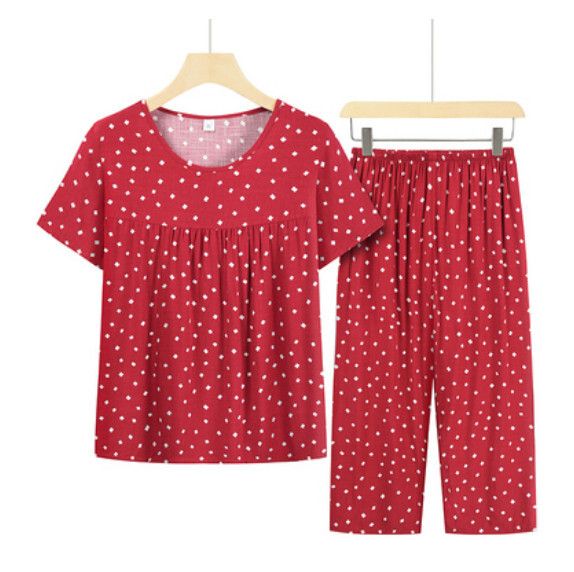 夏季中老年綿綢套裝（紅底小白格）【尺碼：XL-4XL】【下單後聯絡客服確認發貨尺碼】F203013263