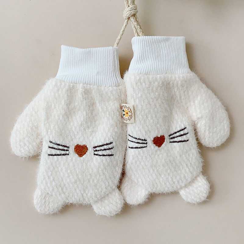 兒童刺繡包指掛脖加厚保暖手套(4-10歲米白）#S001108297