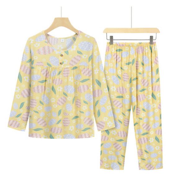 夏季中老年長袖套裝（黃底花團葉子）【尺碼：L-2XL】【下單後聯絡客服確認發貨尺碼】F203013210