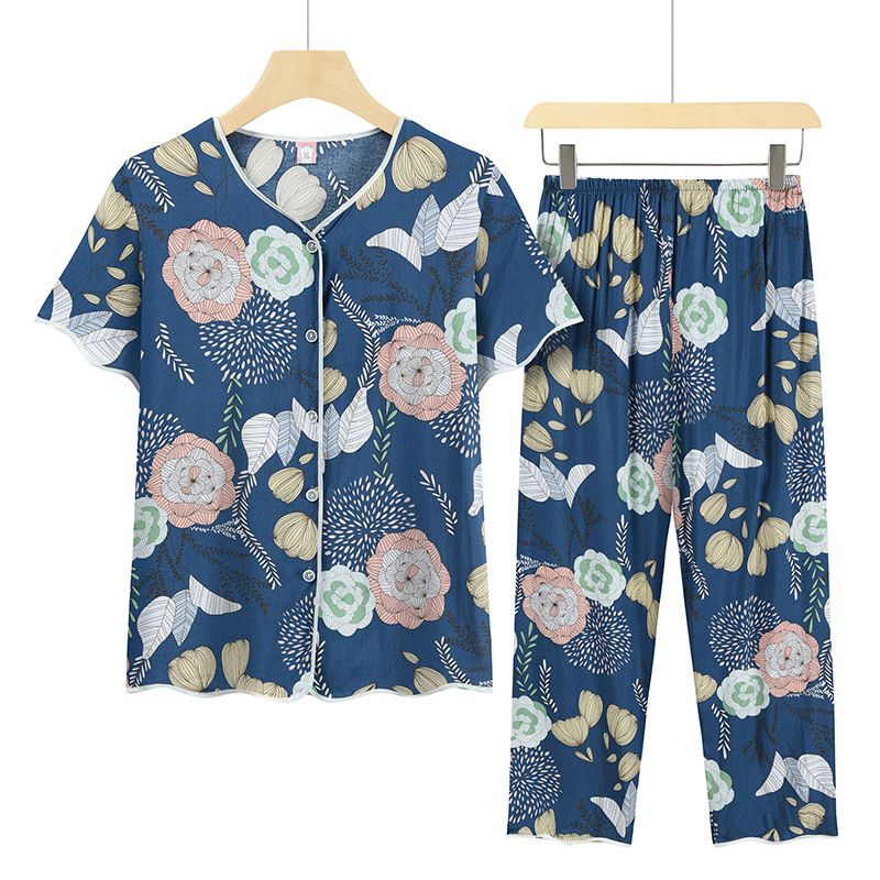 中老年媽媽短袖套裝(XL-4XL碼 藍色大花）【下單後請聯絡客服確認發貨尺碼】F001099353
