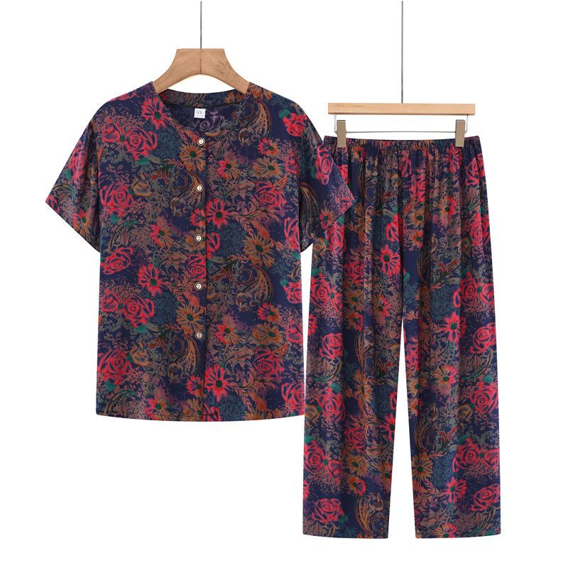 中老年媽媽短袖套裝(XL-4XL碼 藍色玫瑰）【下單後請聯絡客服確認發貨尺碼】F001099409