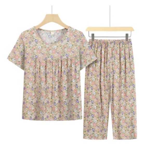 夏季中老年綿綢套裝（卡其七彩花）【尺碼：XL-4XL】【下單後聯絡客服確認發貨尺碼】F203013266