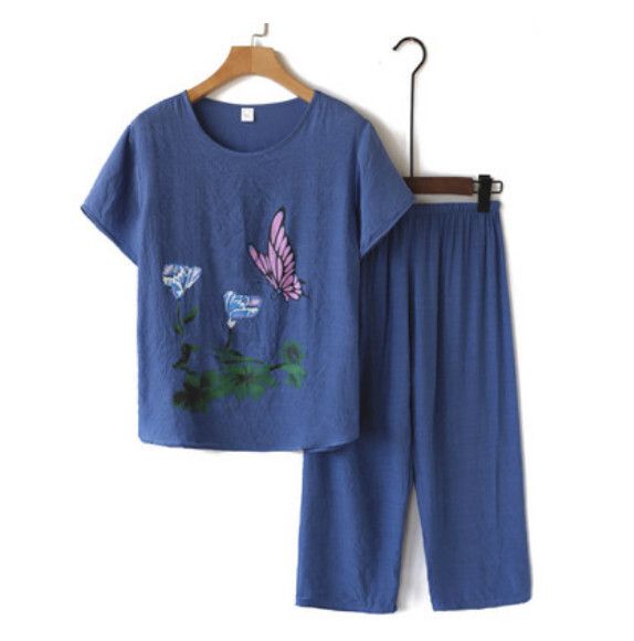 夏季中老年純棉麻套裝（【水墨畫】藍色）【尺碼：XL-4XL】【下單後聯絡客服確認發貨尺碼】F203013023