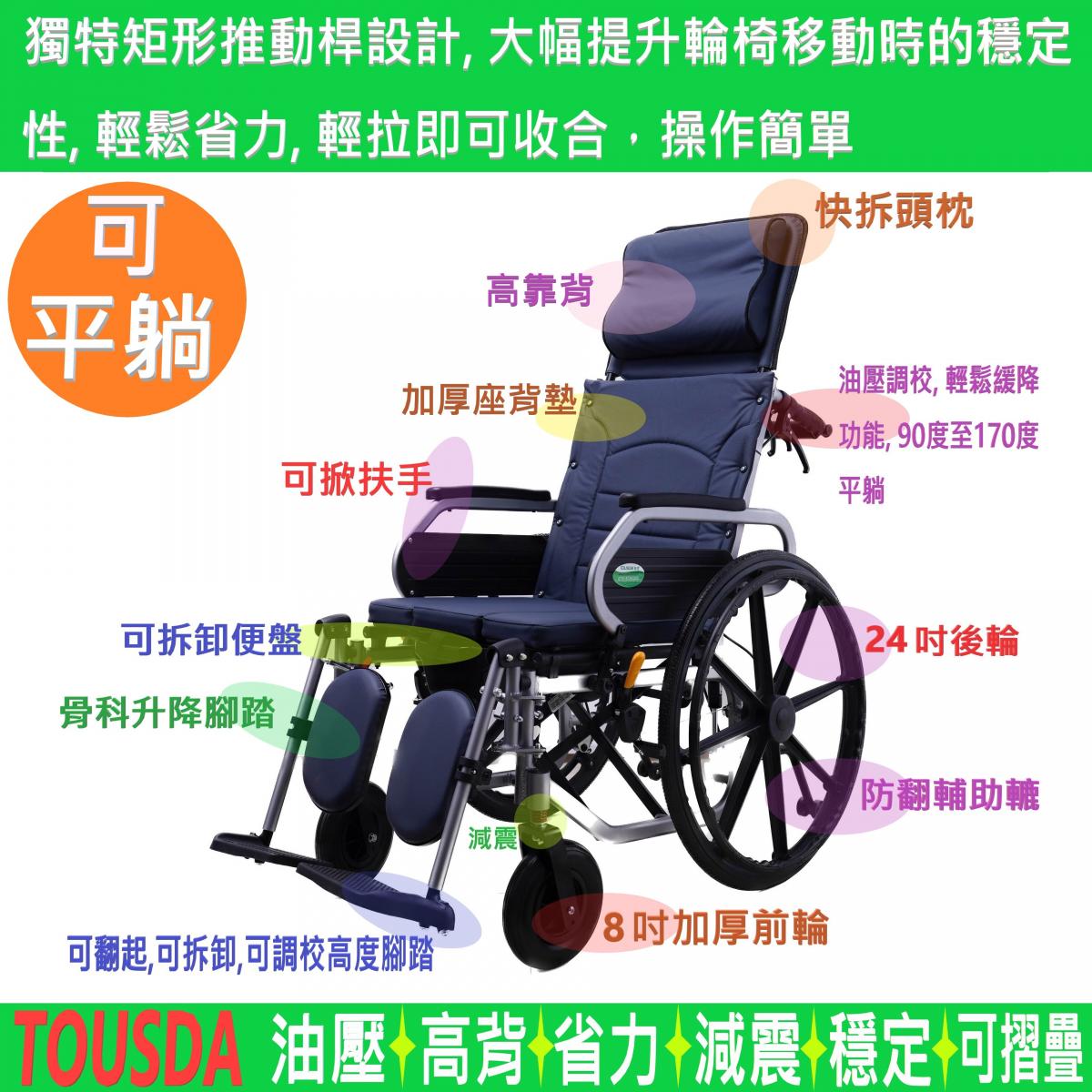 (門市保養)歐盟 / ISO認證- 多功能-油壓-高靠背帶可拆卸頭枕- 90度至170度平躺- 輕便可摺疊 - 帶可拆卸便盤 - 24吋後輪手推輪椅