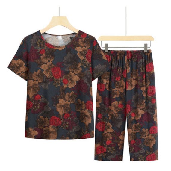夏季中老年綿綢套裝（暗紅）【尺碼：XL-4XL】【下單後聯絡客服確認發貨尺碼】F203013307