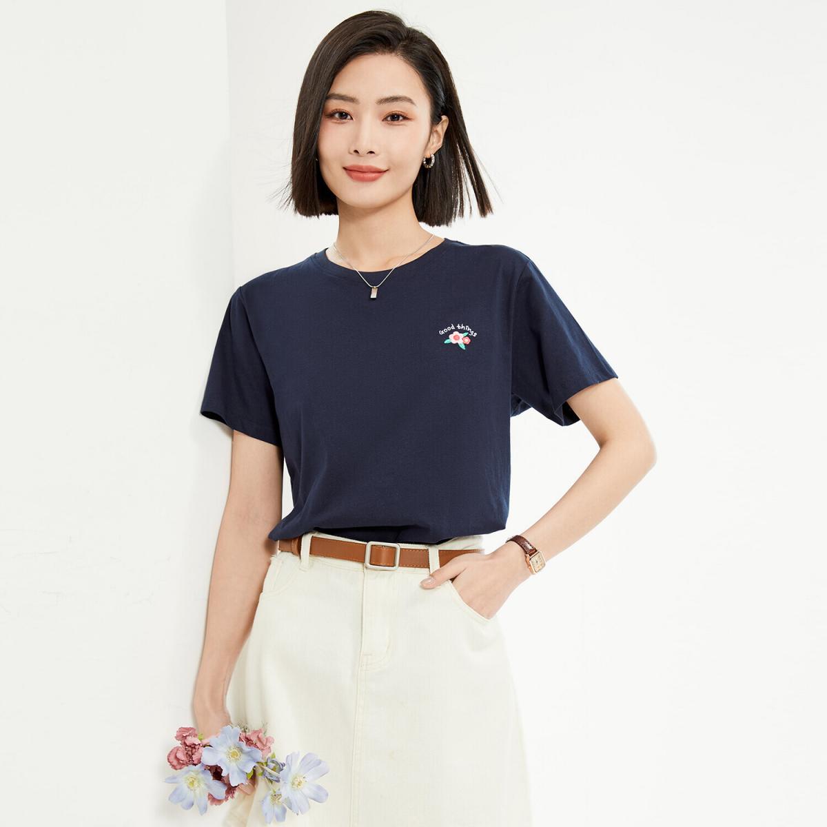 【Online Exclusive】BM Women's Cotton Embroidery Round Neck Short-sleeved T-shirt (Size S)