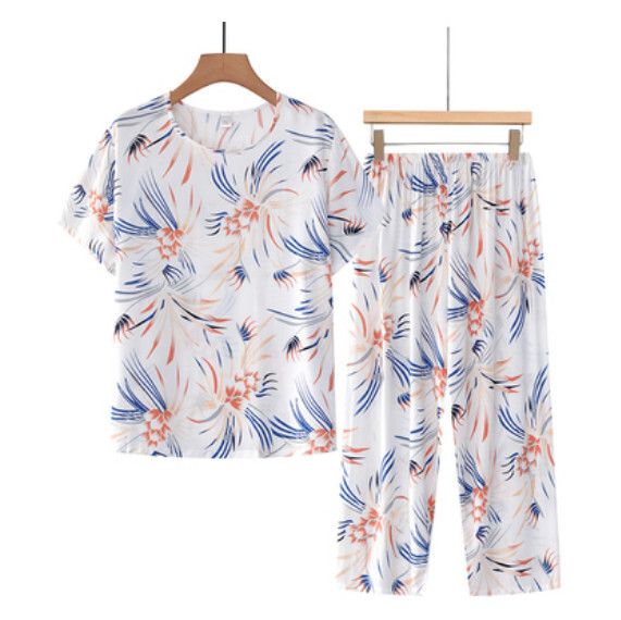 夏季中老年棉麻套裝（白色大花）【尺碼：XL-4XL】【下單後聯絡客服確認發貨尺碼】F203013128