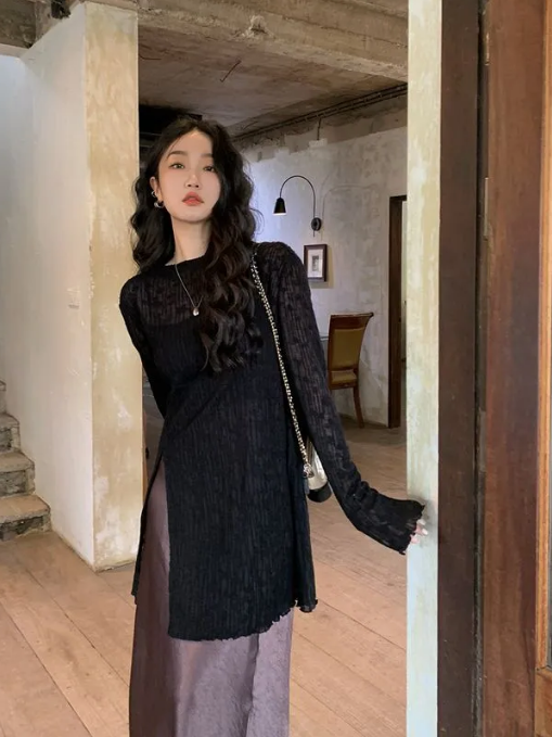 網紗鏤空開叉防曬衣（黑色L-4XL）（下單後聯絡客服確認發貨尺碼）#F349001340