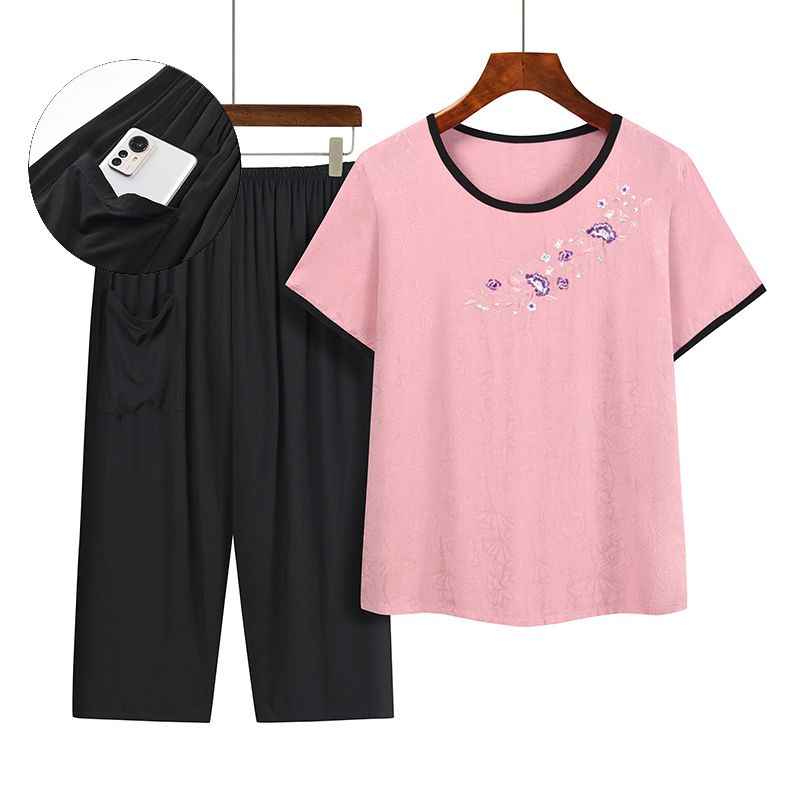 中老年媽媽短袖套裝(XL-4XL碼 粉色）【下單後請聯絡客服確認發貨尺碼】F001099439