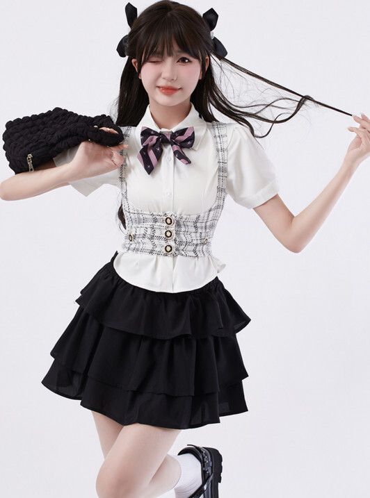 時尚套裝（襯衫+半身裙+馬甲 S-XL碼）(下單後聯絡客服確認發貨尺碼)#F224015008