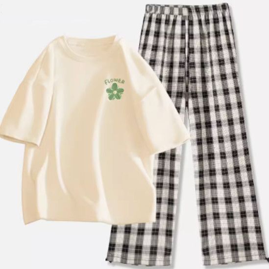 短袖百搭休閒兩件套【奶白色（清雅花）+黑白褲】【S-2XL碼】（下單後請聯絡客服確認發貨尺碼）#K011002587