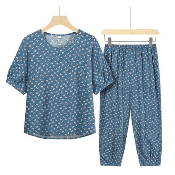 夏季中老年兩件套套裝（湖水藍提花）【尺碼：XL-3XL】【下單後聯絡客服確認發貨尺碼】F203013149