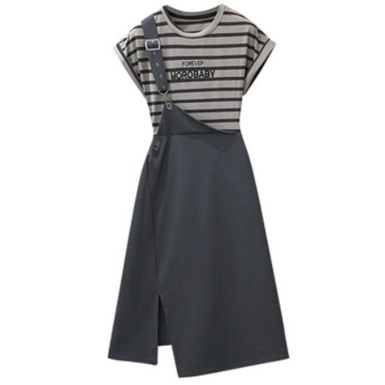 假兩件條紋連衣裙【灰色】【L-4XL碼】（下單後請聯絡客服確認發貨尺碼）#K011004139