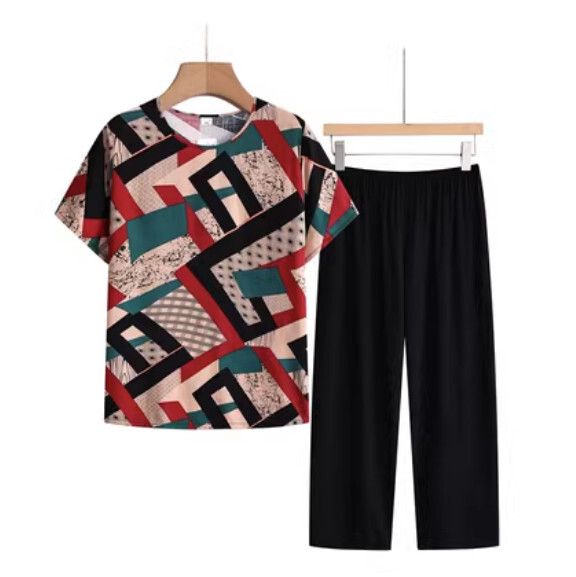 夏季中老年洋氣減齡套裝（紅色方格）【尺碼：XL-4XL】【下單後聯絡客服確認發貨尺碼】F203013136