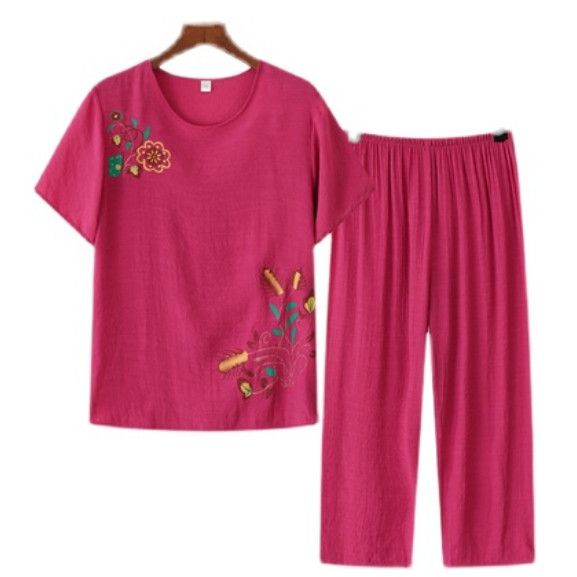 夏季中老年棉麻套裝（紅色）【尺碼：XL-4XL】【下單後聯絡客服確認發貨尺碼】F203013007