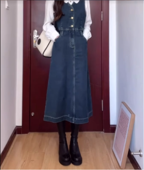 襯衫背心牛仔連衣裙（白色襯衫+藍色牛仔連衣裙）（規格：S-XL碼）(下單後聯絡客服確認發貨尺碼) #F047050008