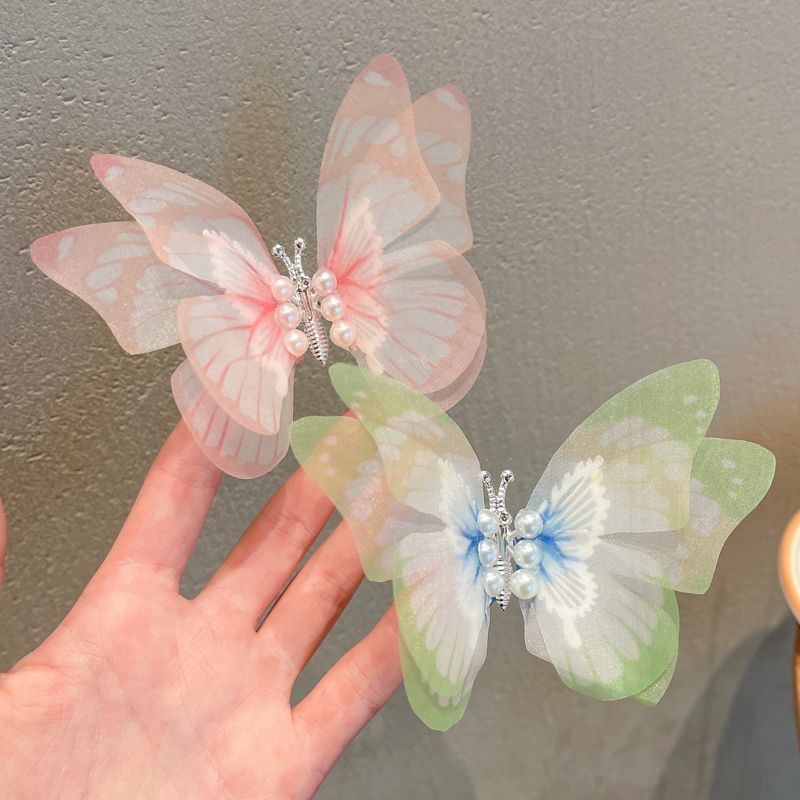 兒童靈動蝴蝶翅膀髮夾髮卡 頭飾/髮飾(19-淡粉色+炫彩淺綠)