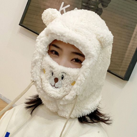 卡通小熊護脖保暖帽女（白色）#S281022871