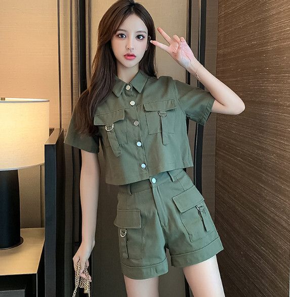 工裝風短袖套裝【軍綠色】 (尺碼：S-2XL碼) (下單後聯繫客服確認發貨尺碼)#F158027282