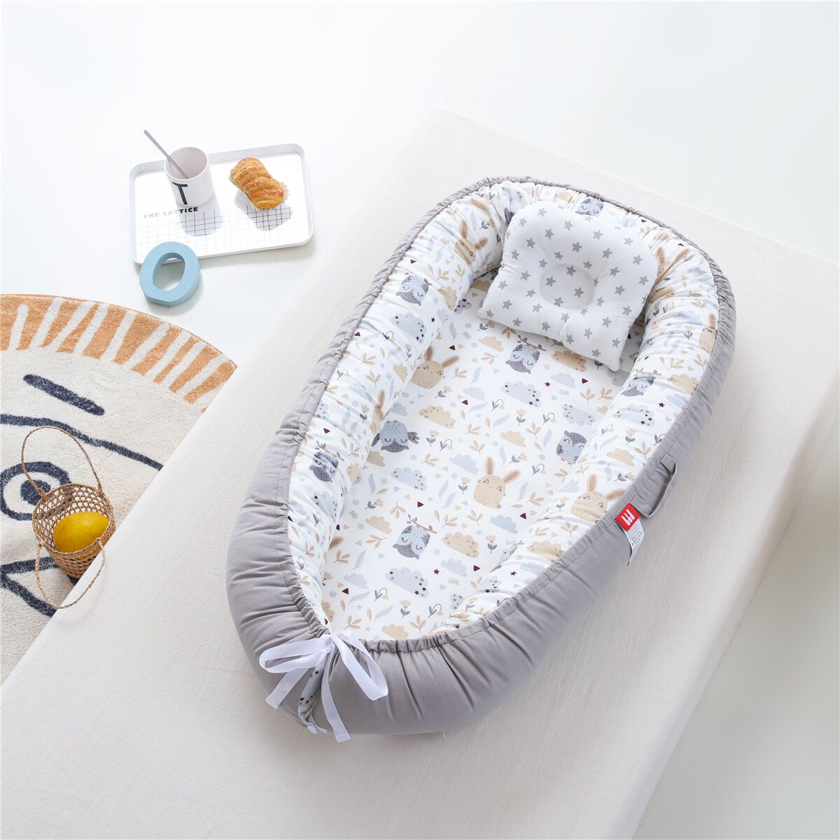 新生兒可拆洗雙面防側翻床墊 分隔床 灰邊貓頭鷹