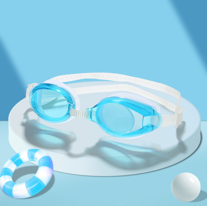 防水防霧成人兒童游泳镜泳鏡（天藍色送耳塞一对-盒装）成人兒童通用