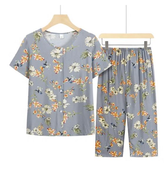 夏季中老年綿綢套裝（淺灰）【尺碼：XL-4XL】【下單後聯絡客服確認發貨尺碼】F203013276