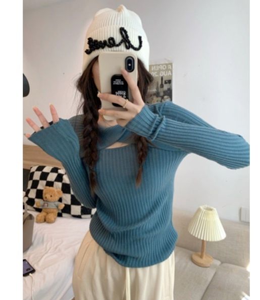 鏤空長袖針織衫(藍色,均碼)#F220012153