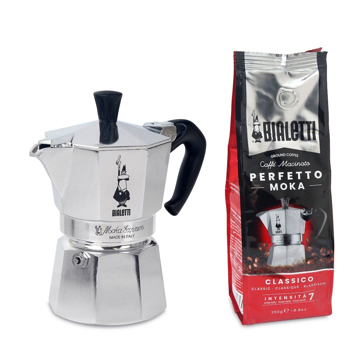 BIALETTI 3杯裝摩卡咖啡壺連250克咖啡粉(榛子乾果味)套裝【香港行貨】