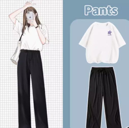 冰絲褲t恤兩件套【白色（幽蘭胸標）+黑褲】【S-XL碼】（下單後請聯絡客服確認發貨尺碼）#K011002485