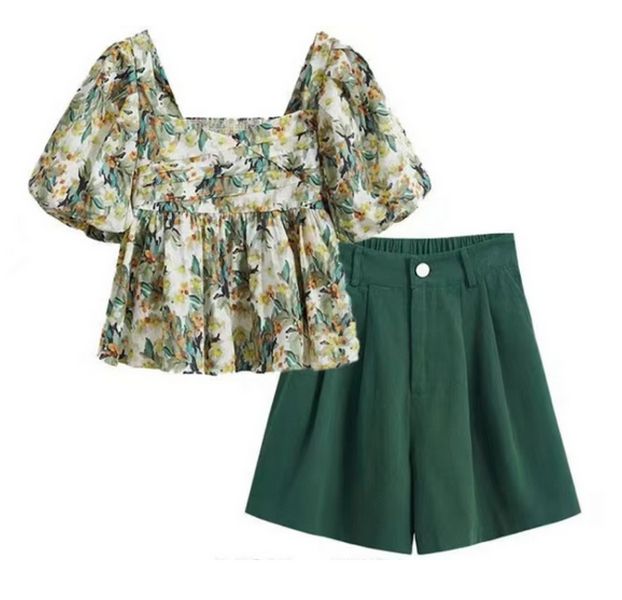女士衣服套裝（碎花上衣+綠色短褲）（S-2XL）（下單後聯絡客服確認發貨尺碼）#F350001011