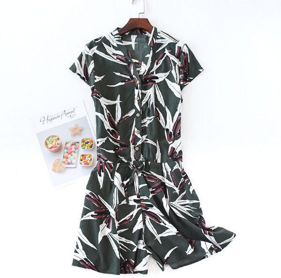 薄款人棉連體褲裙（墨綠葉子）【M-XL碼】【下單後聯絡客服確認發貨尺碼】
