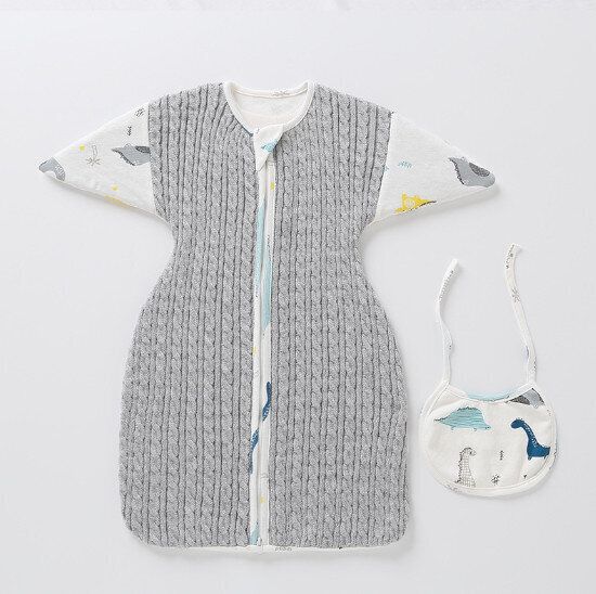 寶寶防踢被睡袋（灰色小恐龍（安撫袖厚款+口水巾）S-L碼） (下單後請聯絡客服確認發貨尺碼)