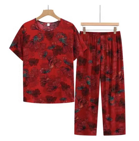 夏季中老年棉麻休閒套裝（松葉棗紅）【尺碼：XL-3XL】【下單後聯絡客服確認發貨尺碼】F203013085