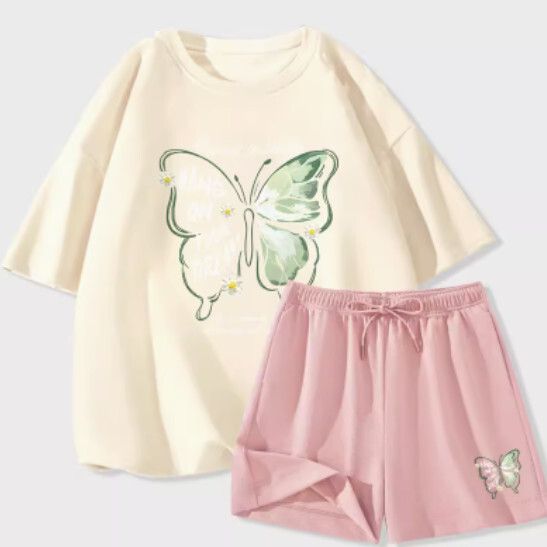 冰絲短袖短褲兩件套【奶白色（雛菊蝶）+粉褲】【S-2XL碼】（下單後請聯絡客服確認發貨尺碼）#K011002512