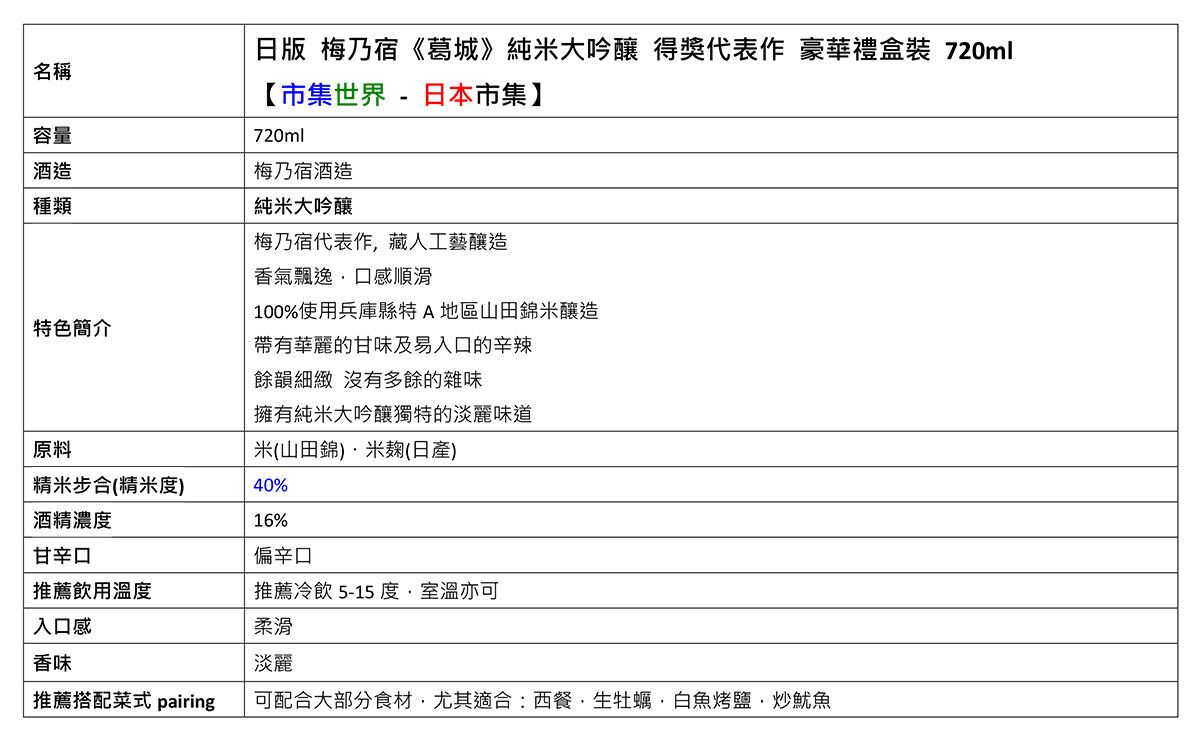 梅乃宿| 日版梅乃宿《葛城》純米大吟釀清酒得獎代表作豪華禮盒裝720ml