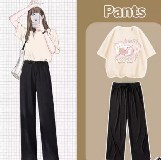 闊腿褲t恤兩件套【奶白色（草莓貓）+黑褲】【S-XL碼】（下單後請聯絡客服確認發貨尺碼）#K011002480