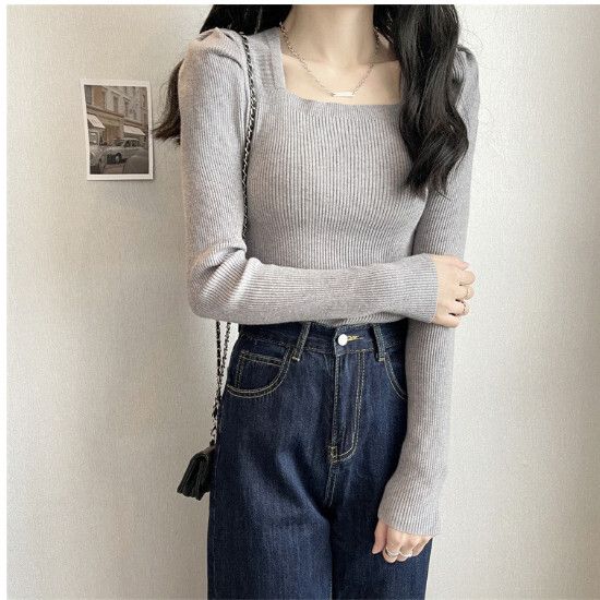 針織鎖骨低領毛衣【灰色】尺碼【均碼】#F128014360